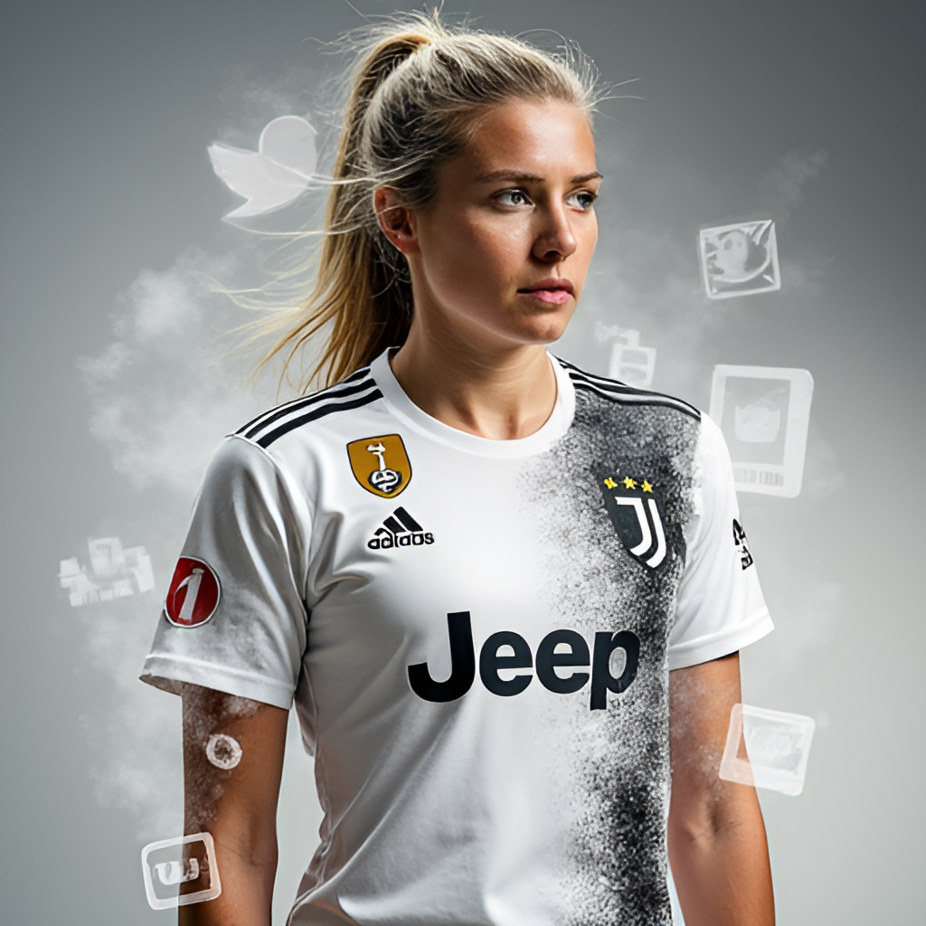 A composite image or portrait showing Alisha Lehmann in her Juventus kit alongside a visual representation of her large social media following, perhaps with phone icons or follower counts overlaid subtly, representing her dual status as player and influencer.