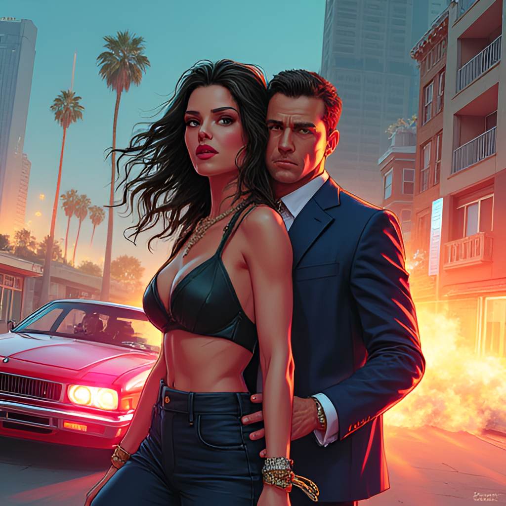 A dynamic, action-oriented illustration featuring the two main protagonists, Lucia and Jason, in a scene suggestive of a heist or escape, perhaps with a fast car in the foreground and the Vice City environment in the background. The style should be dramatic and cinematic.