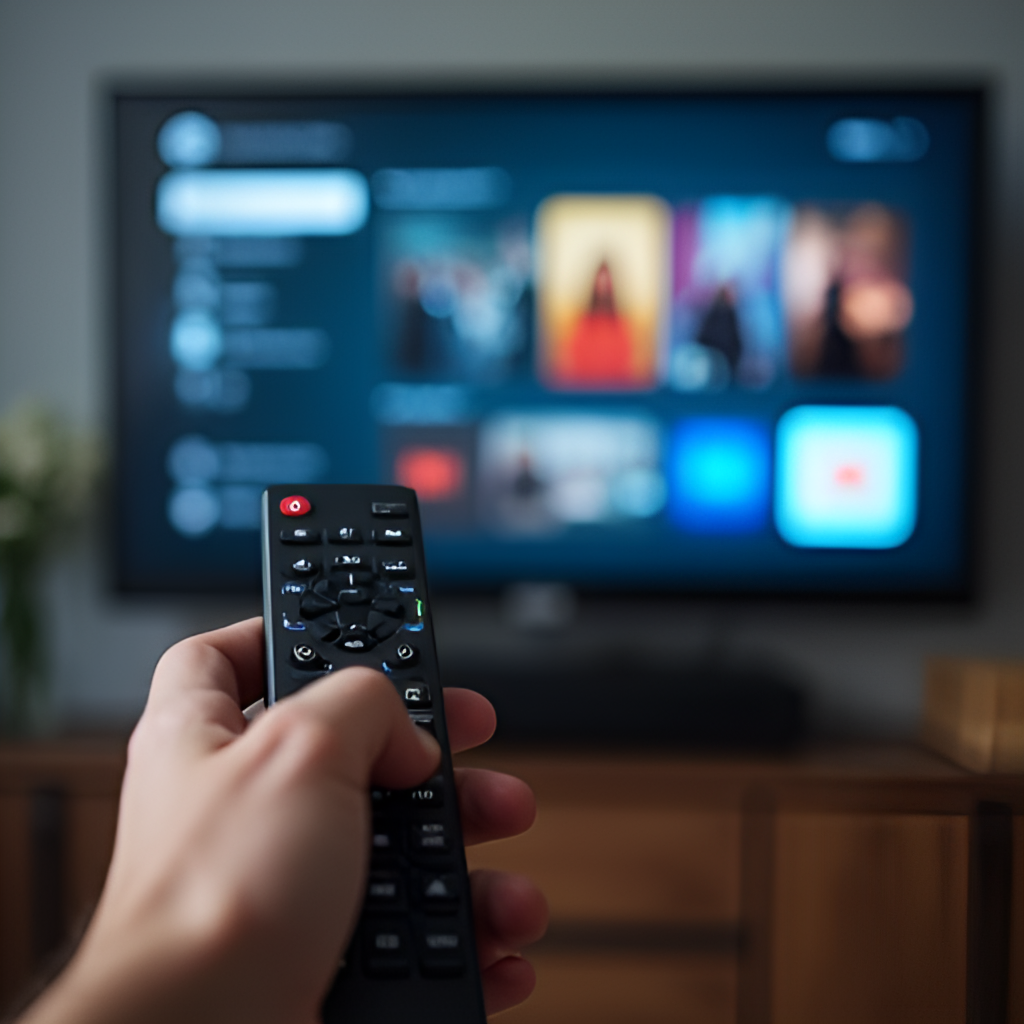 A close-up shot of a hand holding a remote control pointing at a TV screen displaying the Max app interface, showing various content categories or popular show thumbnails, emphasizing the user experience and device compatibility