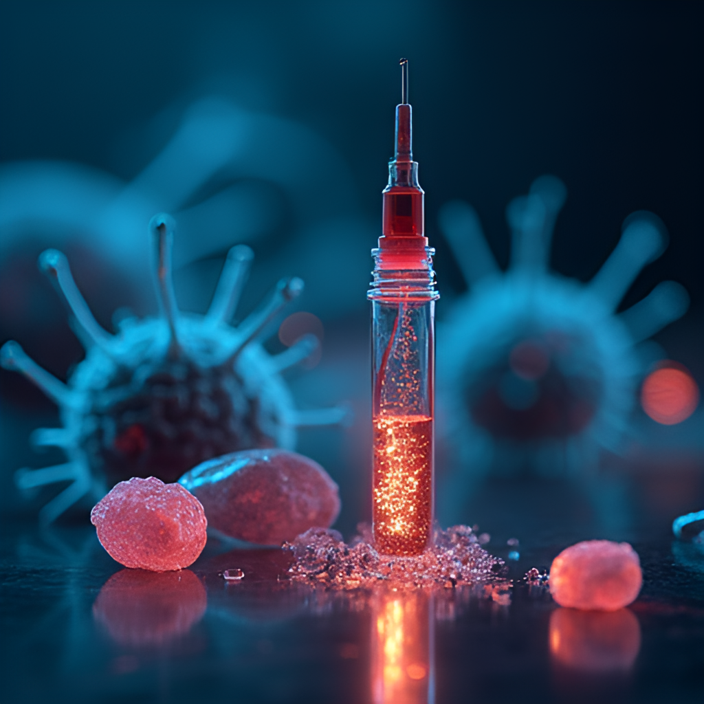A conceptual photorealistic image showing a test tube or medical syringe with a glowing liquid labeled 'Venom Extract' next to representations of brain cells or nerve pathways, symbolizing its use in medicine/research.