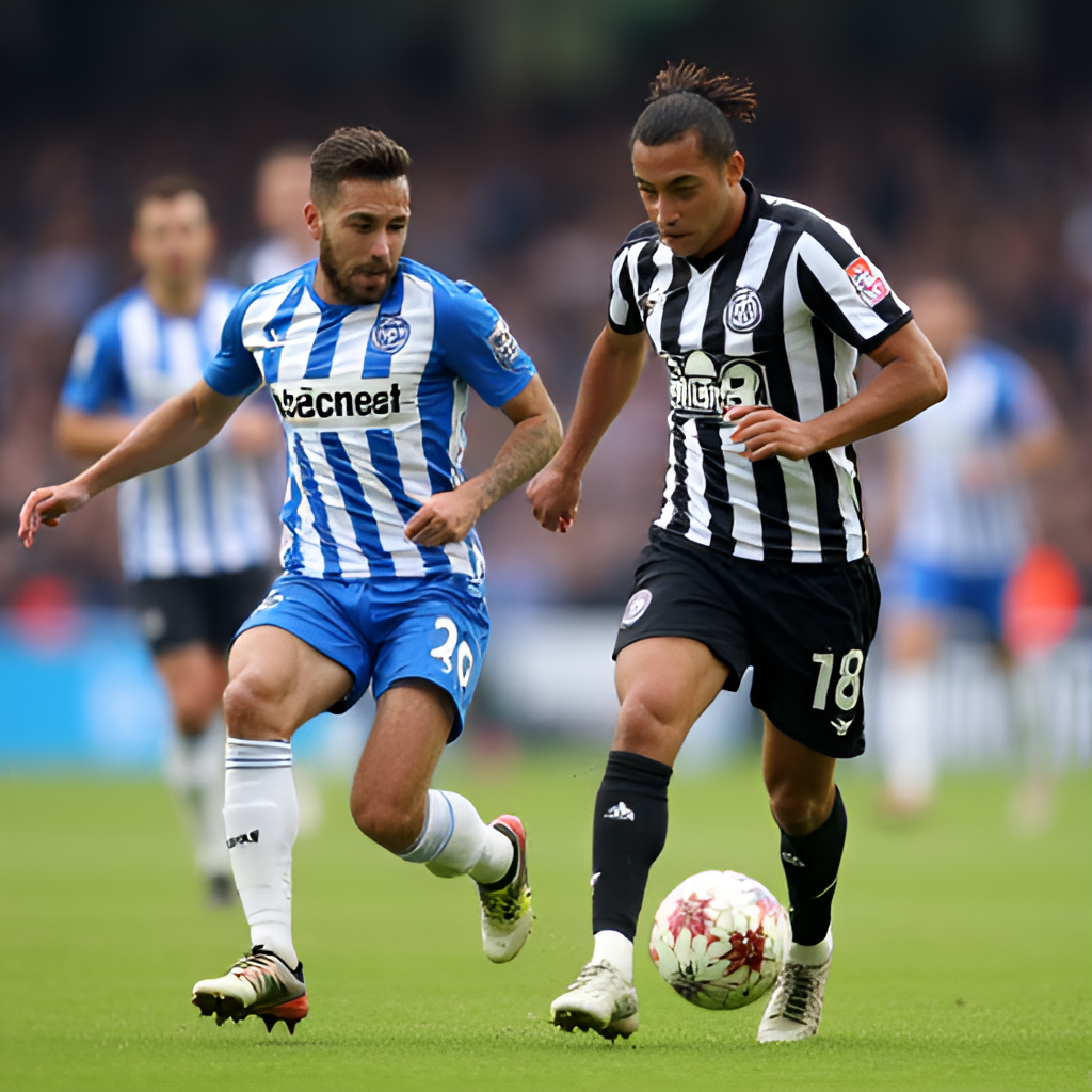 An action shot capturing a moment from a recent match between Brighton and Newcastle, focusing on a key player like Alexander Isak or Kaoru Mitoma in possession of the ball.