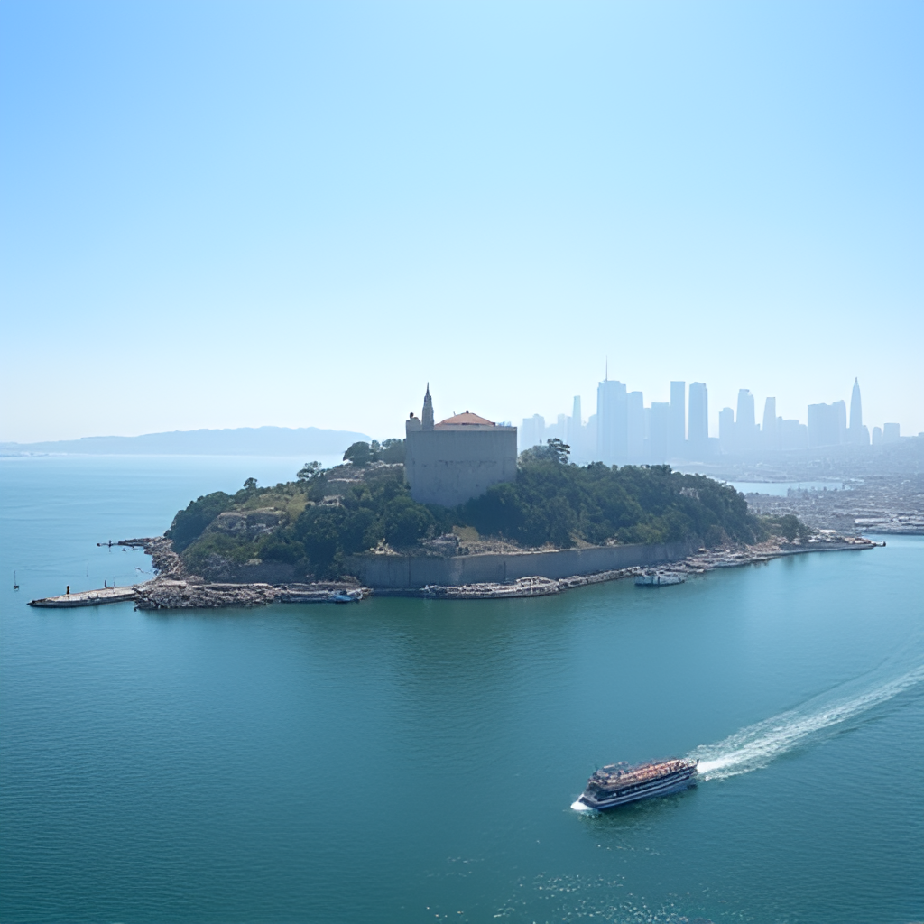 A panoramic view of Alcatraz Island in the San Francisco Bay, with the city skyline visible in the background and a ferry boat approaching the island.