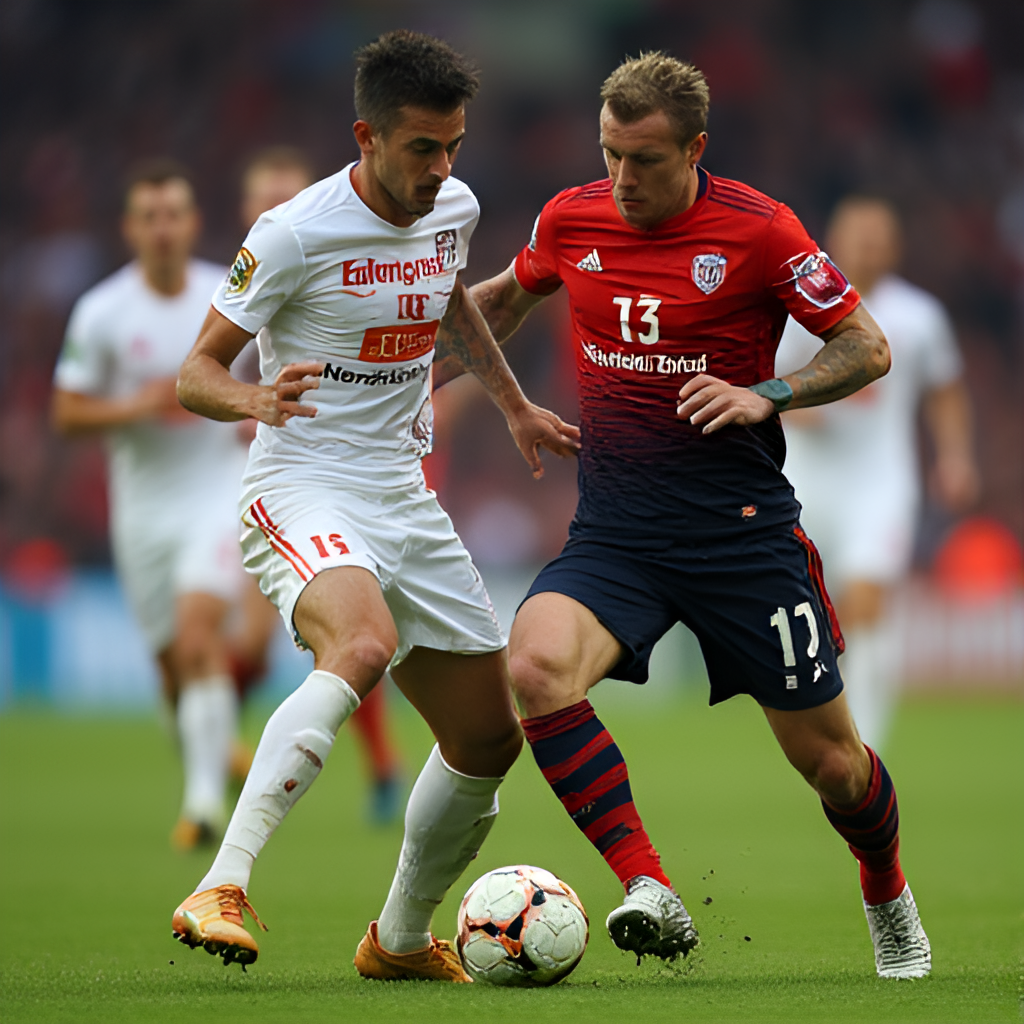 A close-up, intense photo of a midfield battle between a player from FC Nordsjælland and a player from Brøndby IF, capturing the physicality and focus of the match.