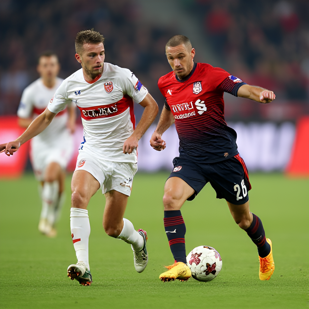 A dynamic shot from a football match between Silkeborg and Sønderjyske players, focusing on a challenge for the ball, conveying intensity and action on the pitch.