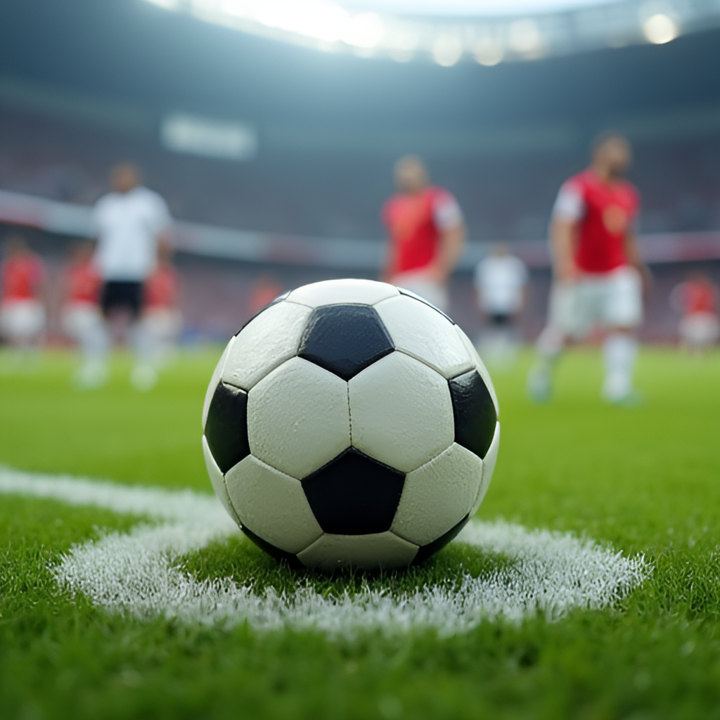 A close-up shot of a football in the center circle of a stadium pitch, with blurred players from both teams visible in the background, symbolizing the start of a crucial match.