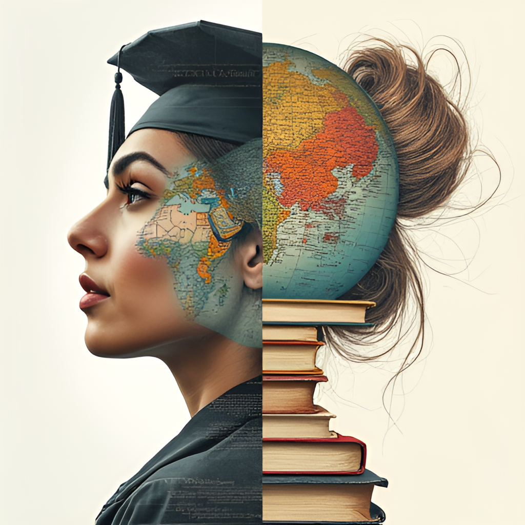 A collage or split image showing different facets: one part with books and academic symbols (like a graduation cap or diploma), another part with a world map and language symbols, and possibly a subtle nod to teaching or research, representing the academic Valeria Márquez.
