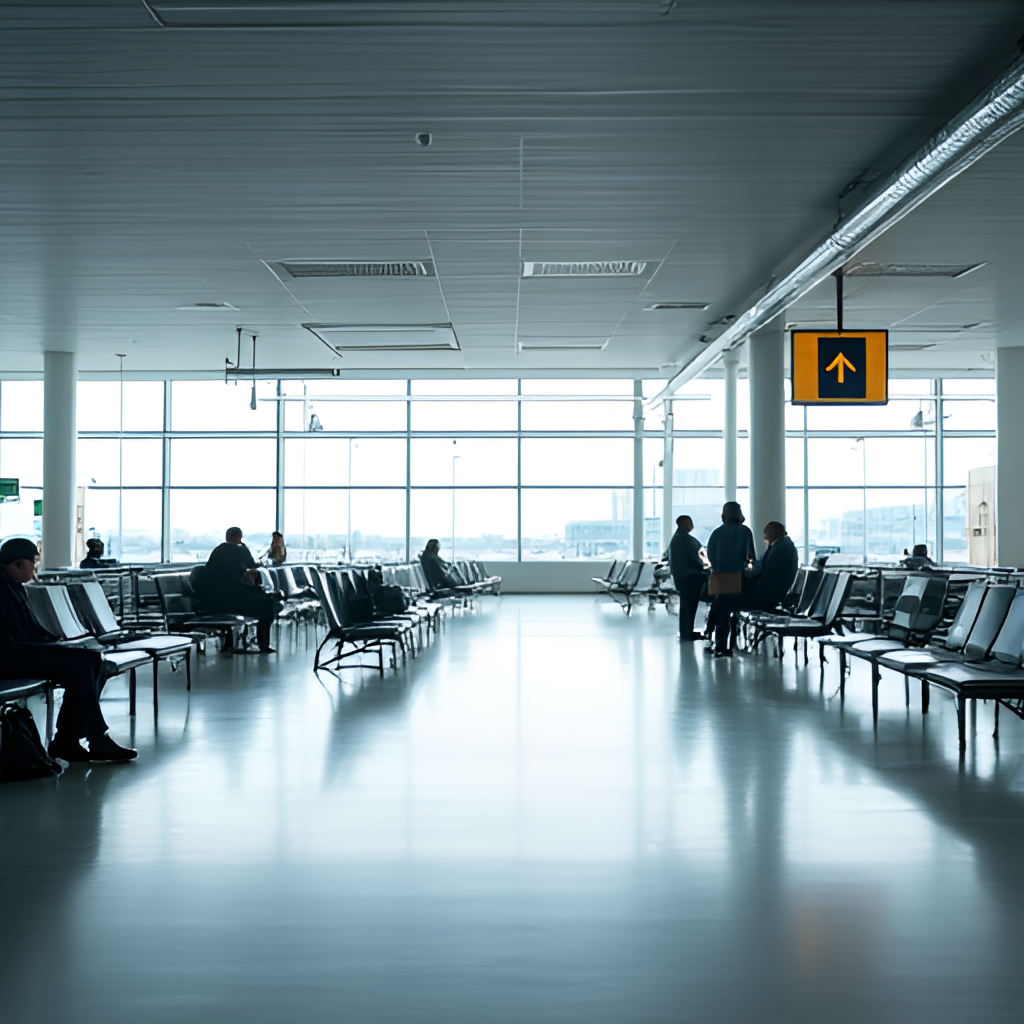 A photo of the terminal building interior at Midtjyllands Lufthavn, capturing a modern, clean space with seating areas and signs pointing towards gates, conveying a sense of calm before travel.