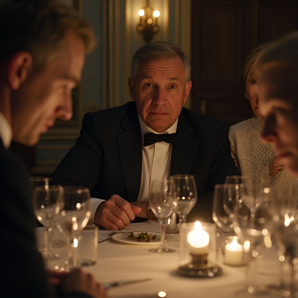 A still from the film 'The Inheritance' (Arven) showing a tense family dinner scene in a wealthy Danish home, with focus on the characters' expressions and the formal setting.
