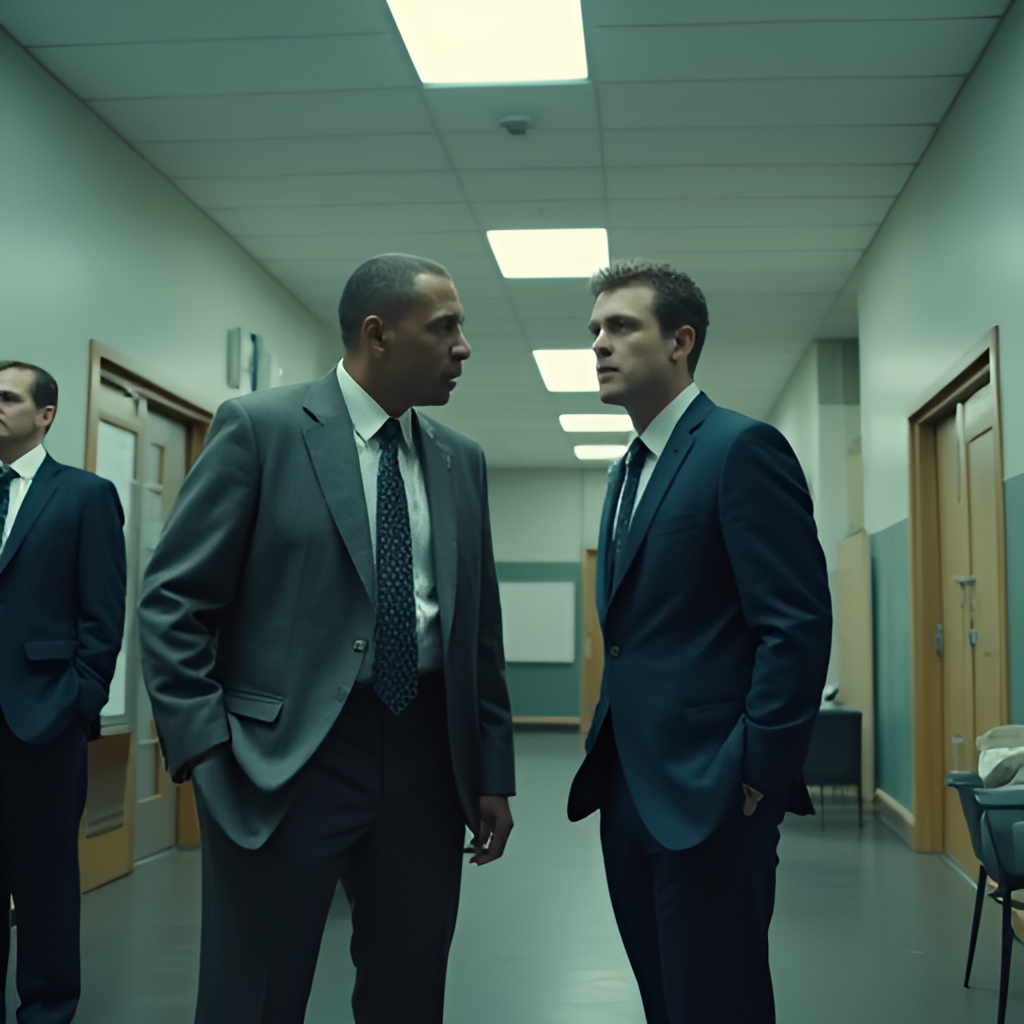 A film still from 'Backstabbing for Beginners' depicting a dramatic moment in a sterile office environment, highlighting the political thriller aspect of the film with characters in formal attire.