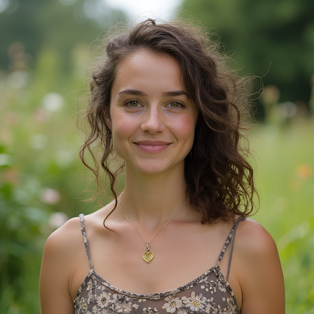 A candid, relaxed portrait of Erika Vikman in a natural setting, perhaps gardening or on a walk, showing her more private side away from the stage persona.