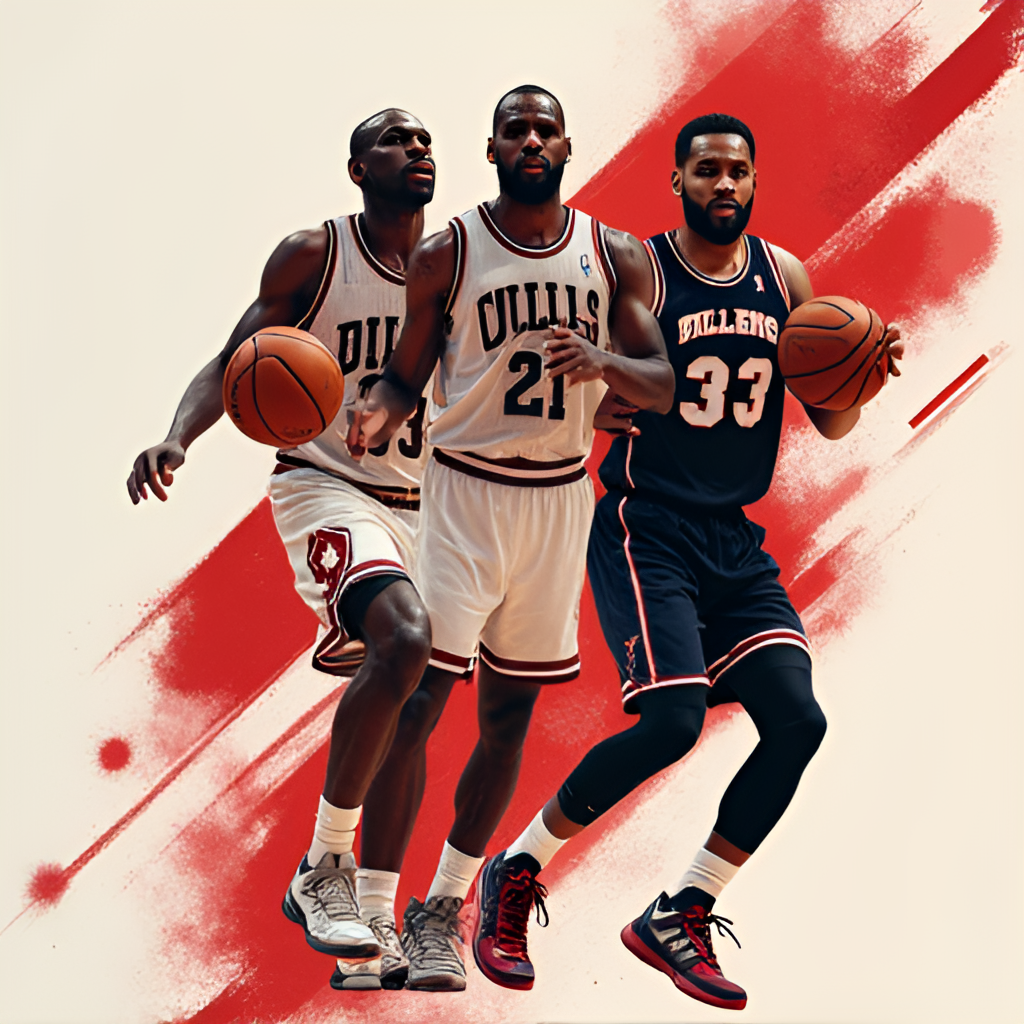A collage or split image featuring both iconic NBA legends (like Michael Jordan, LeBron James) and perhaps a subtle nod to Danish basketball (maybe a Danish flag or a player in a national team jersey in a corner), symbolizing the global reach and local connection of the sport.