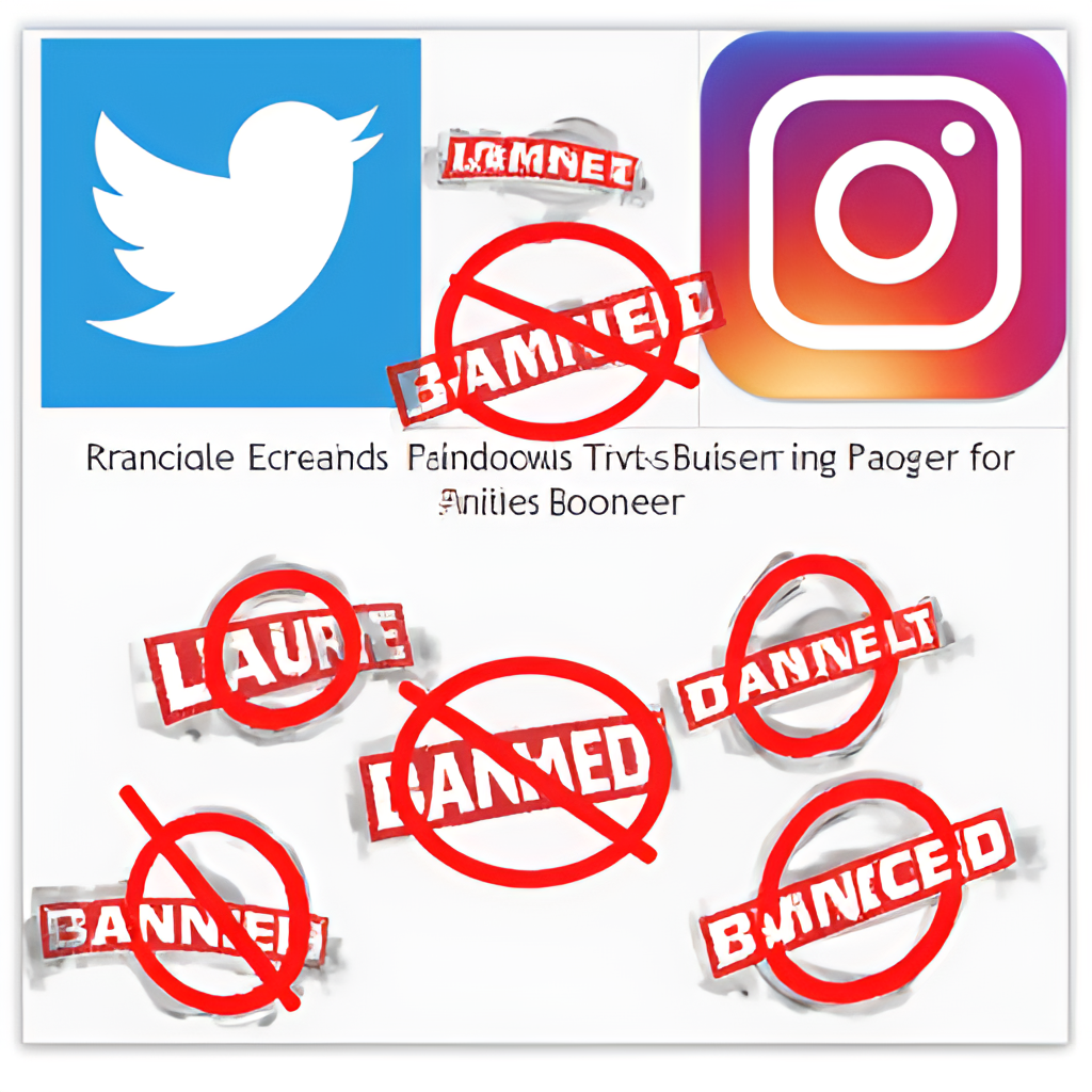 A composite image depicting various social media logos (like Twitter, Facebook, Instagram) with 'banned' or 'blocked' symbols overlaid, representing Laura Loomer's multiple platform exclusions.