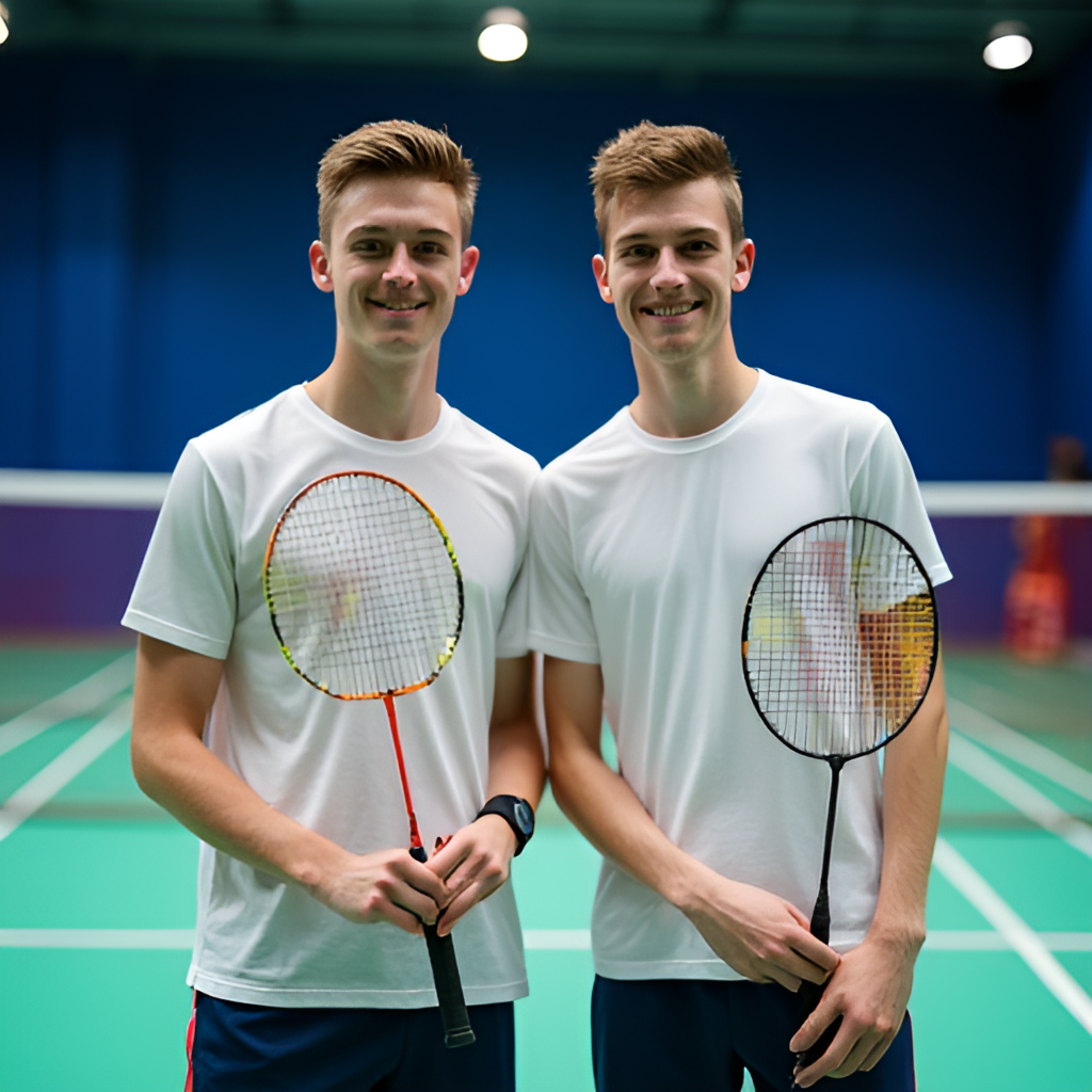 A portrait style image of two young male badminton players, William Kryger Boe and Christian Faust Kjær, standing side-by-side on a badminton court, smiling and holding their rackets. The image should convey teamwork and determination.