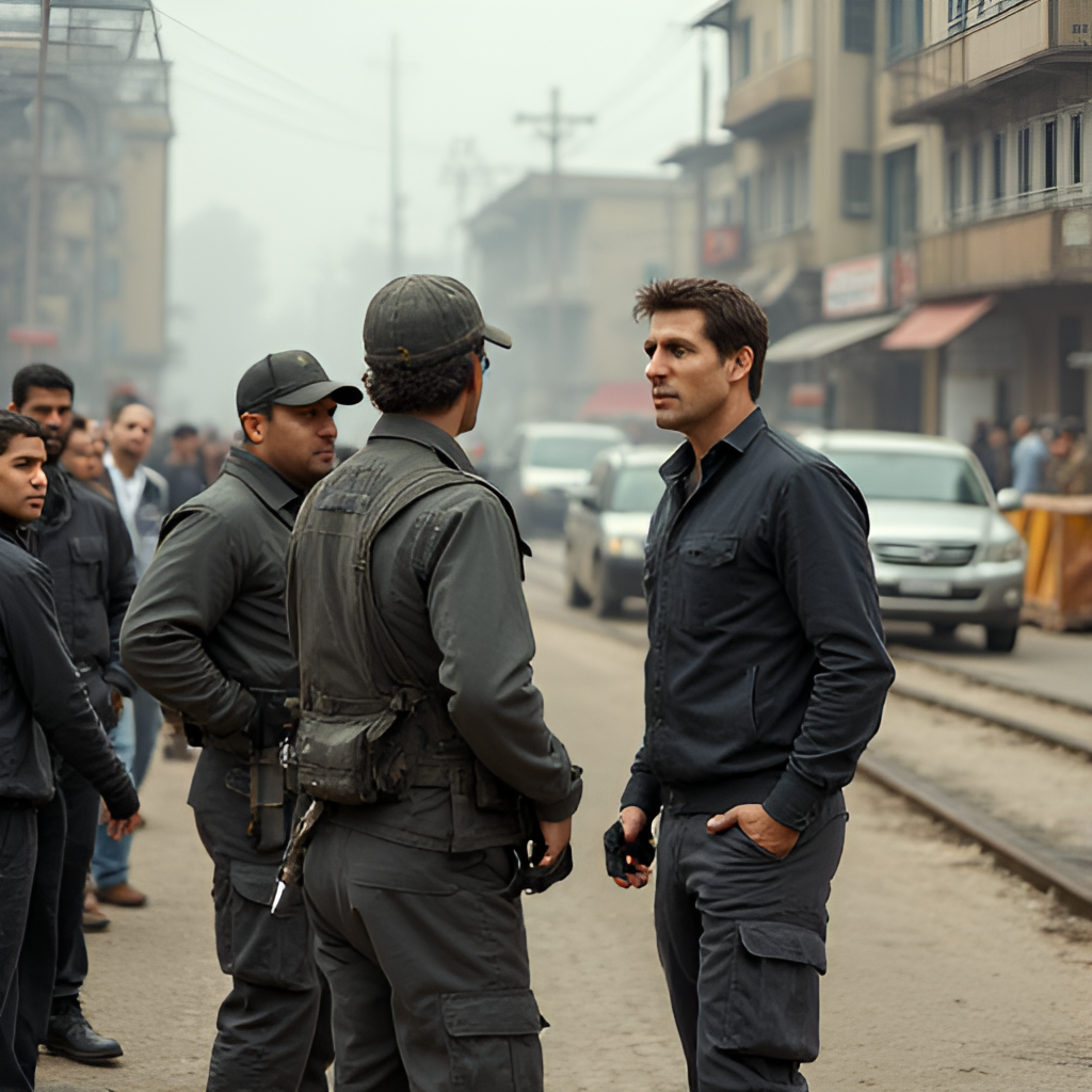 A behind-the-scenes photo showing Tom Cruise and the film crew preparing for a complex action sequence, perhaps involving vehicles or wires, highlighting the practical effects and planning that go into Mission: Impossible stunts.