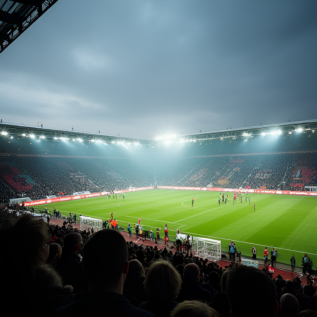 An atmospheric wide shot of a football stadium during a match between Vejle and Sønderjyske, capturing the energy of the fans in the stands with banners and flags, focusing on the overall matchday experience.