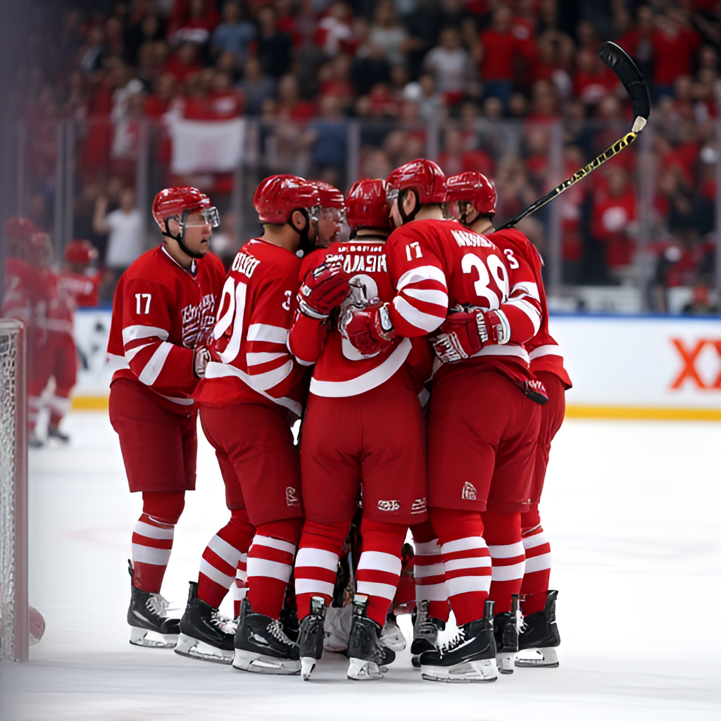 A celebratory scene of the Danish national ice hockey team after scoring a goal at a World Championship game, players hugging near the net, excited expressions, national flag visible in the crowd, wide-angle shot capturing the atmosphere