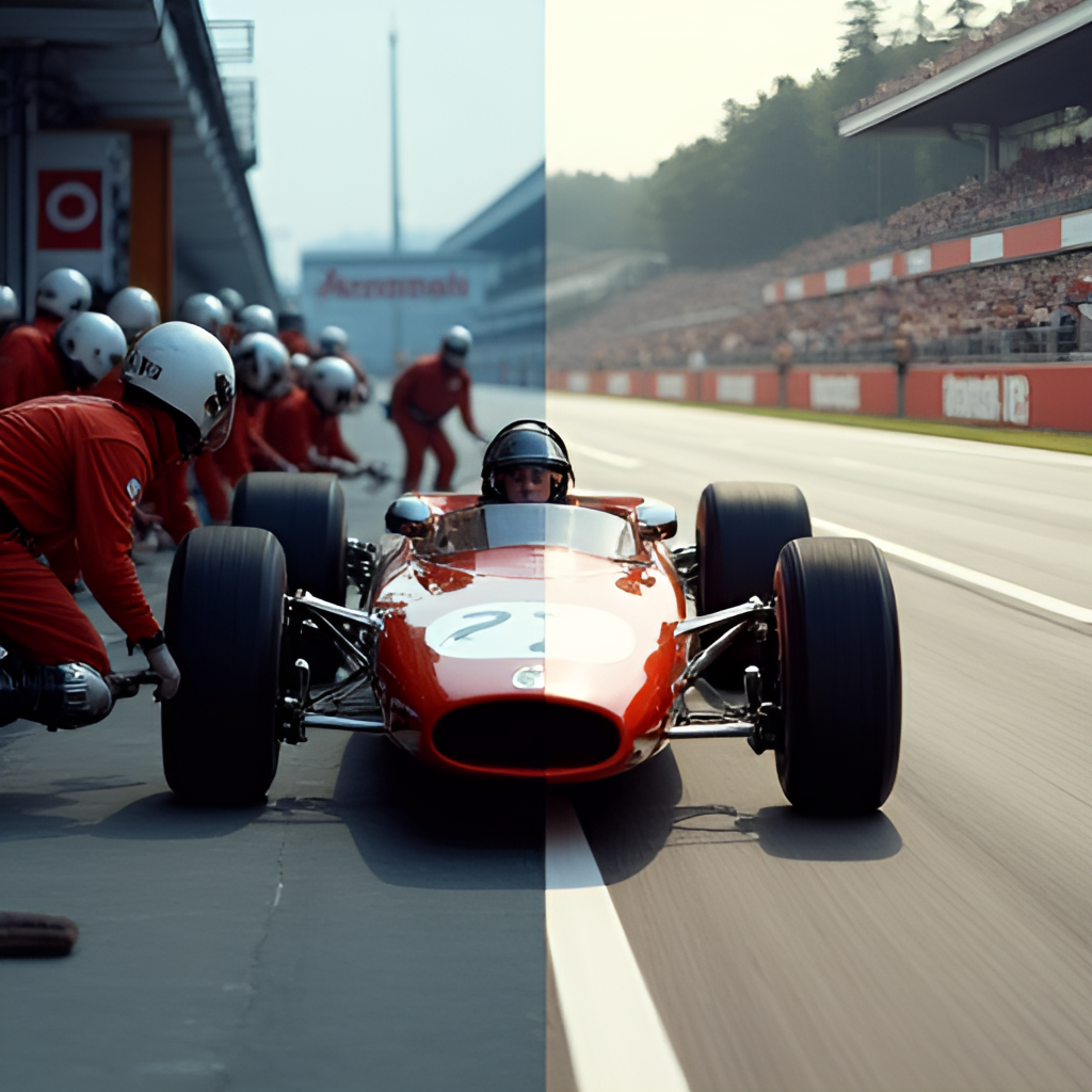 A split image showing two aspects of Formula 1: one side features a close-up of a pit crew performing a lightning-fast tire change, and the other side shows a historic Formula 1 car from the 1960s or 70s on a classic European track like Monza or Spa