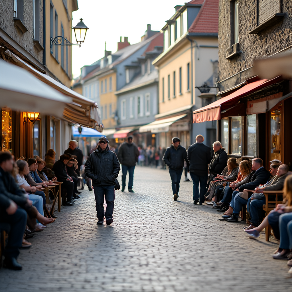 A close-up photograph showing activity on Skippertorvet, perhaps people sitting outside a cafe, shopping, or gathered for a small local event, emphasizing the community aspect of the square.