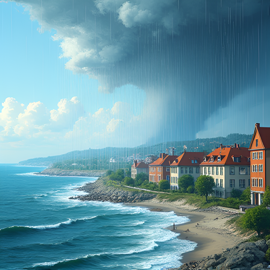An illustration depicting the effects of climate change in Denmark, perhaps showing rising sea levels encroaching on a coastal town or an intense rain shower over a city.
