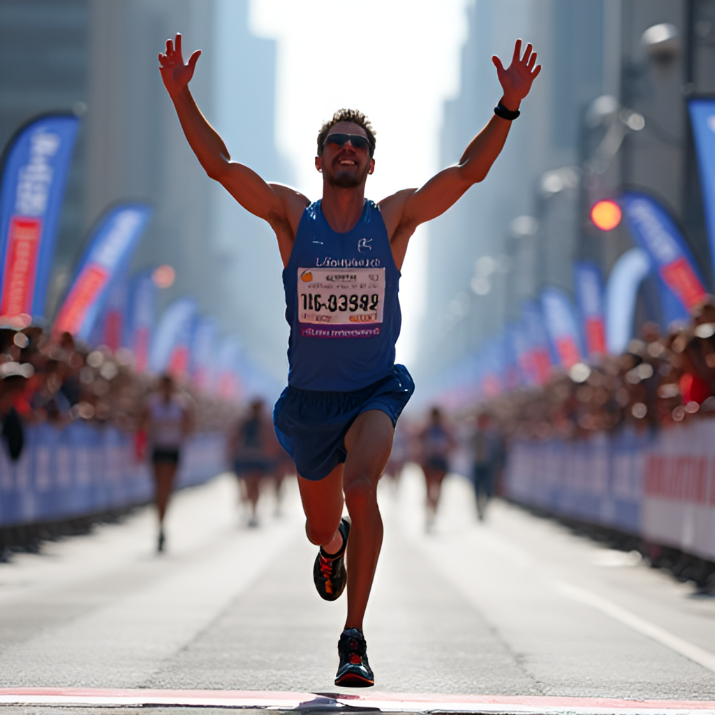 A runner crossing the finish line of a large city marathon, arms raised in triumph, with spectators and event banners in the background