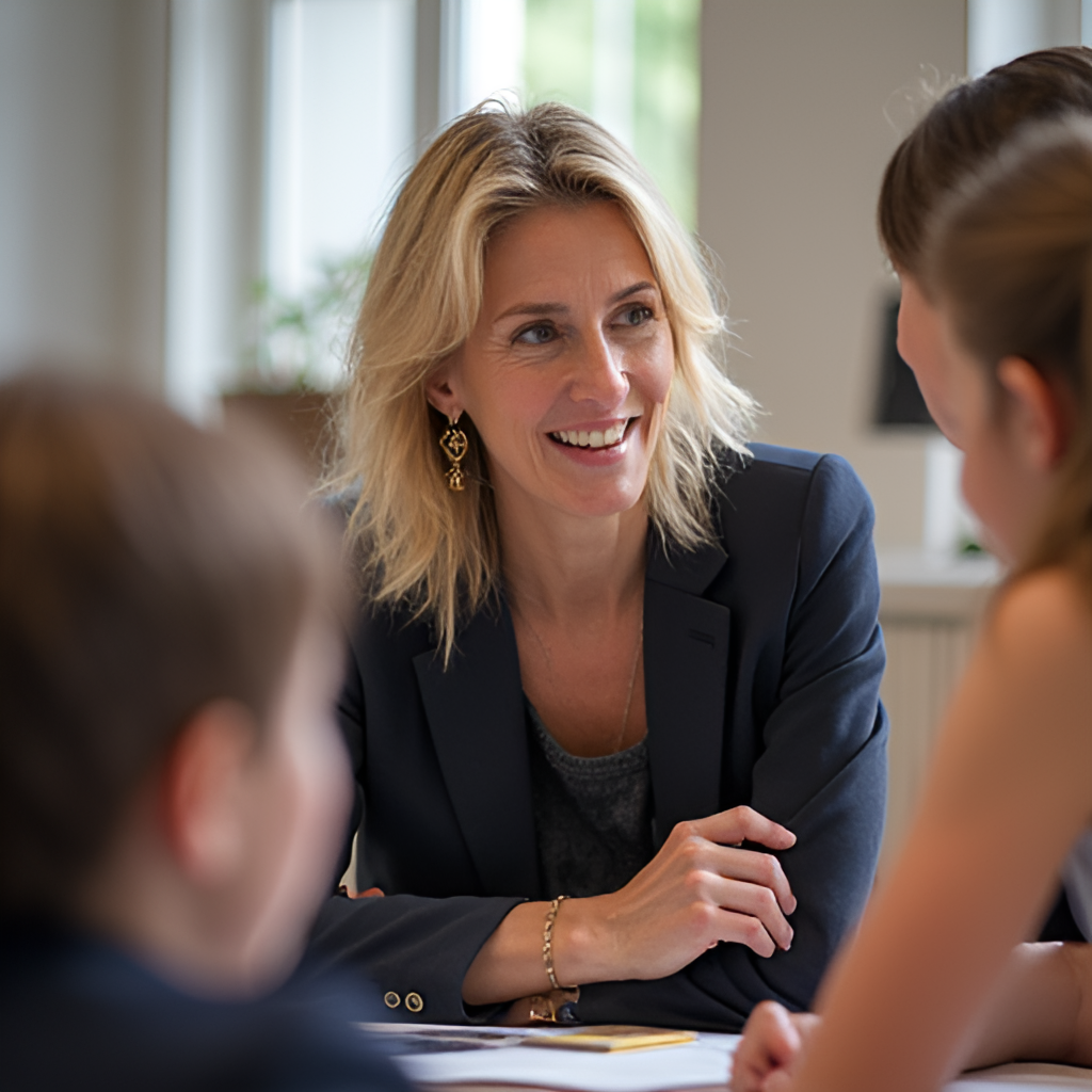 A photograph capturing Brigitte Macron engaged in one of her social projects, perhaps interacting with young people at a LIVE institute or visiting a school, highlighting her public commitments.