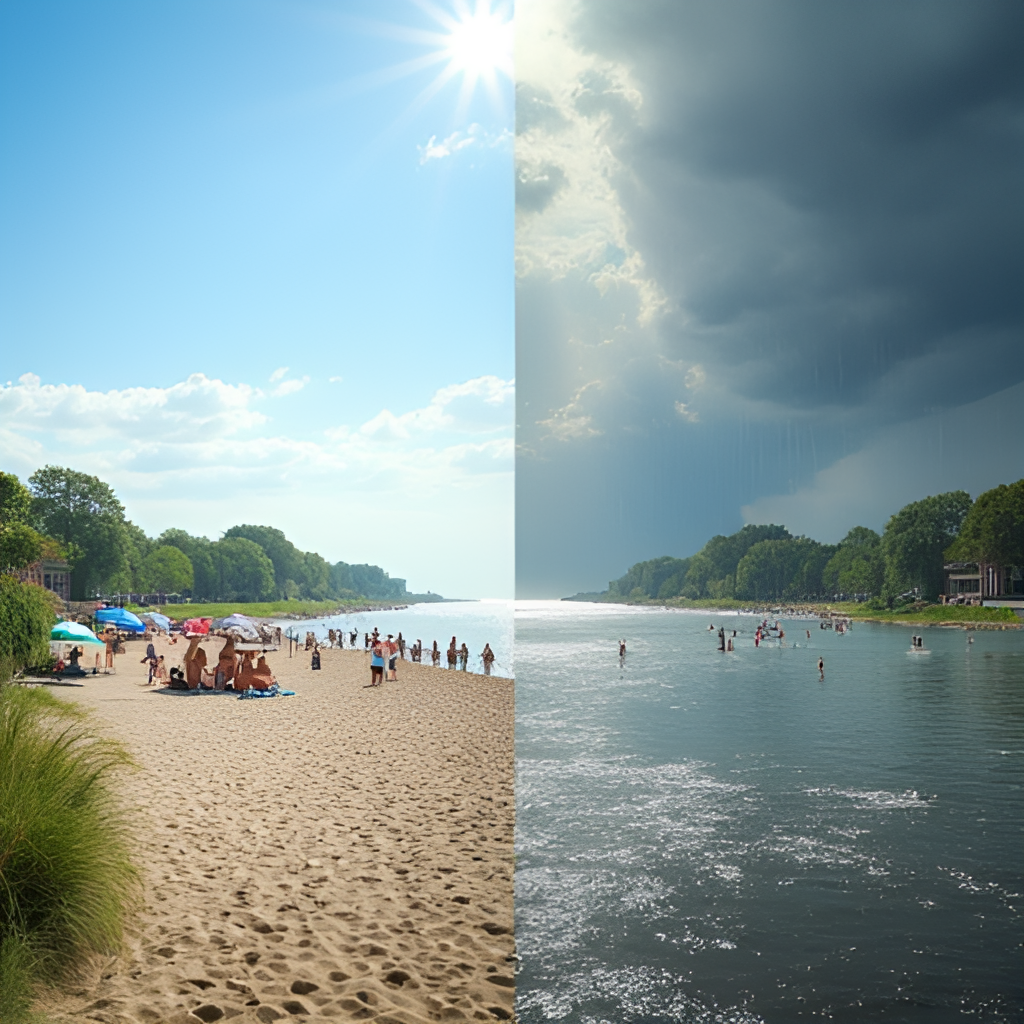 A split image showing contrasting weather conditions in Denmark, perhaps one side with sunny weather and people enjoying outdoor activities, and the other side depicting heavy rain or a storm, illustrating the variability of Danish weather
