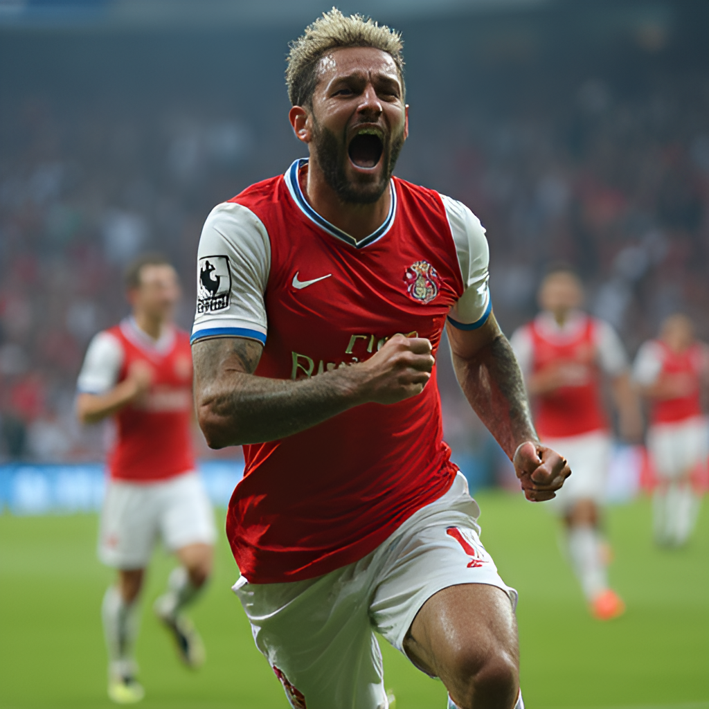 A close-up, dynamic photo of a football player celebrating a goal during a Champions League final, capturing the raw emotion and intensity of scoring in such a high-stakes match.