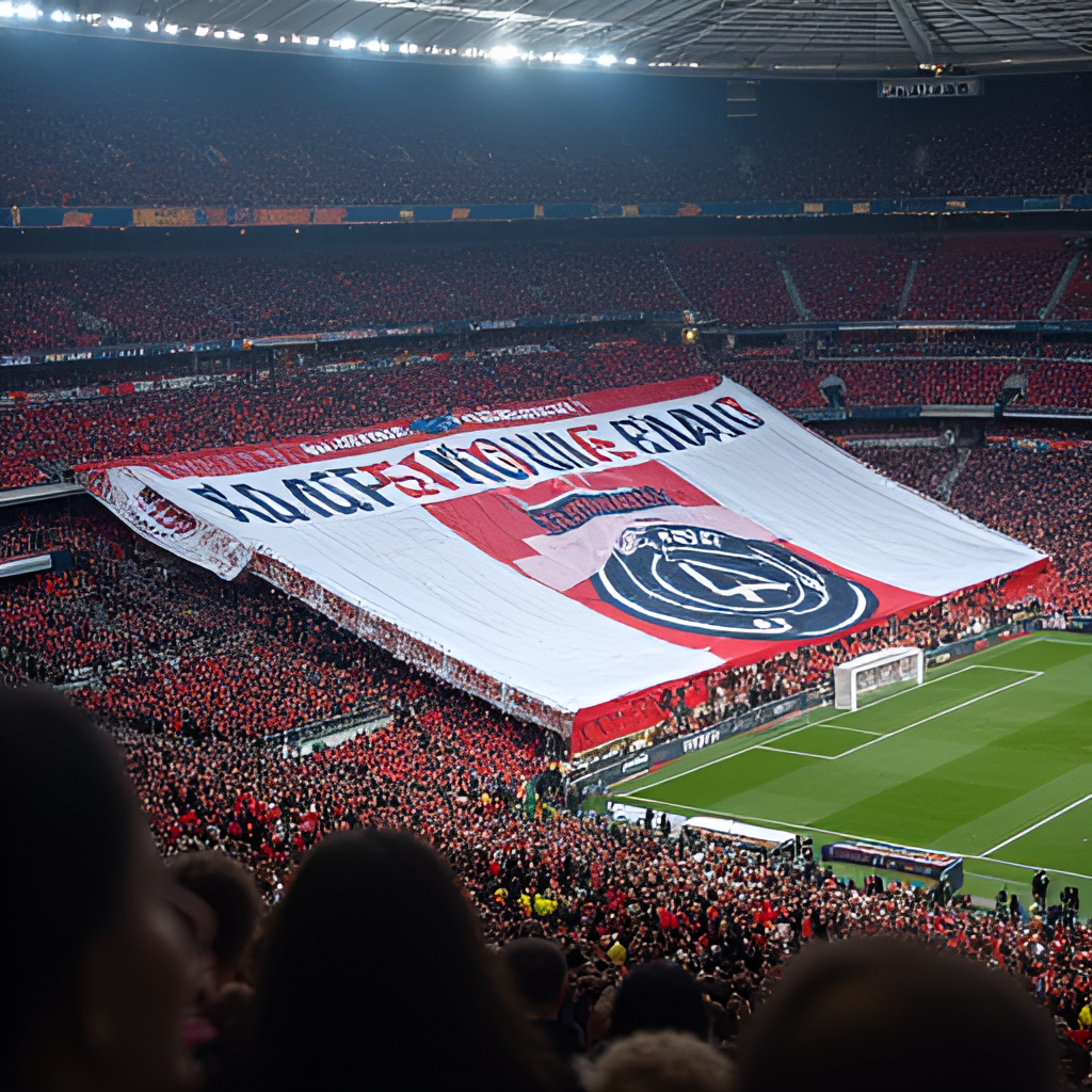 A photo-realistic image of a tifo banner displayed by football fans in a stadium, featuring a respectful tribute to Xana, the daughter of Luis Enrique, possibly incorporating elements related to both PSG and her memory. The atmosphere should convey support and remembrance.
