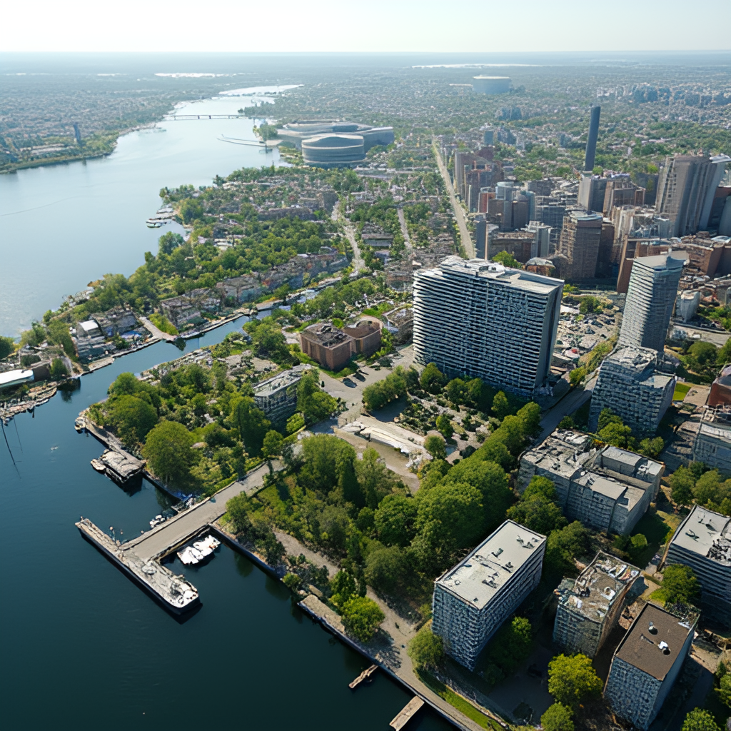 An aerial view showcasing the mix of modern buildings, green spaces, and canals in the Teglholmen area, highlighting its transformation from an industrial zone