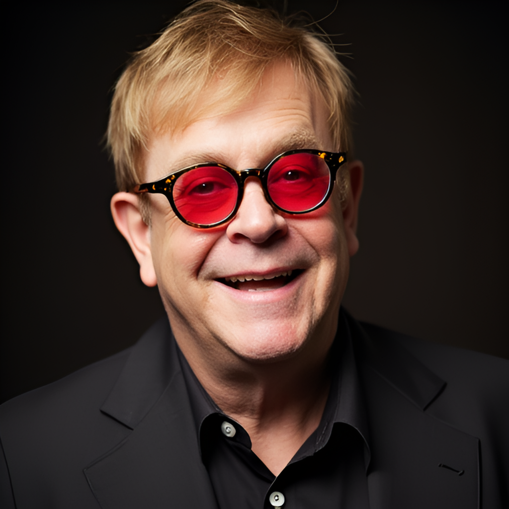 A portrait photograph of a more recent Elton John, perhaps from his Farewell Yellow Brick Road tour, showing his signature glasses and a warm, expressive look, possibly hinting at his philanthropic work or connection with fans.