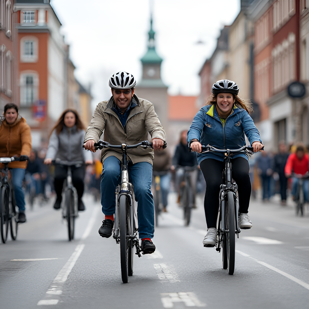 A dynamic, slightly low-angle shot of a group of diverse cyclists (families, individuals on different bike types) participating in the public ride on a closed-off street in Copenhagen, passing by a recognizable landmark. The image should capture the joy and unique experience of cycling on traffic-free city streets.