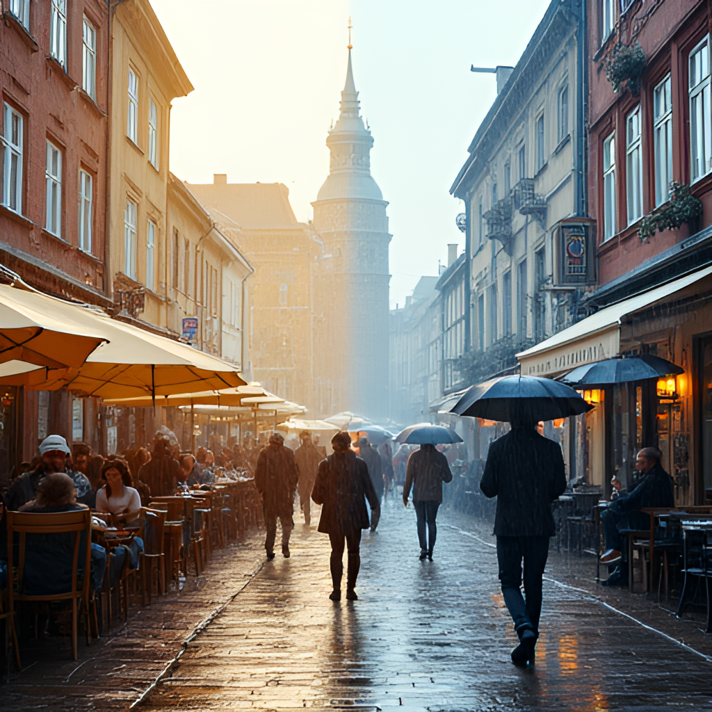 An image showing contrasting weather in Copenhagen: one side sunny with people enjoying outdoor cafes, the other side showing a rainy scene with people under umbrellas, illustrating the city's changeable weather.