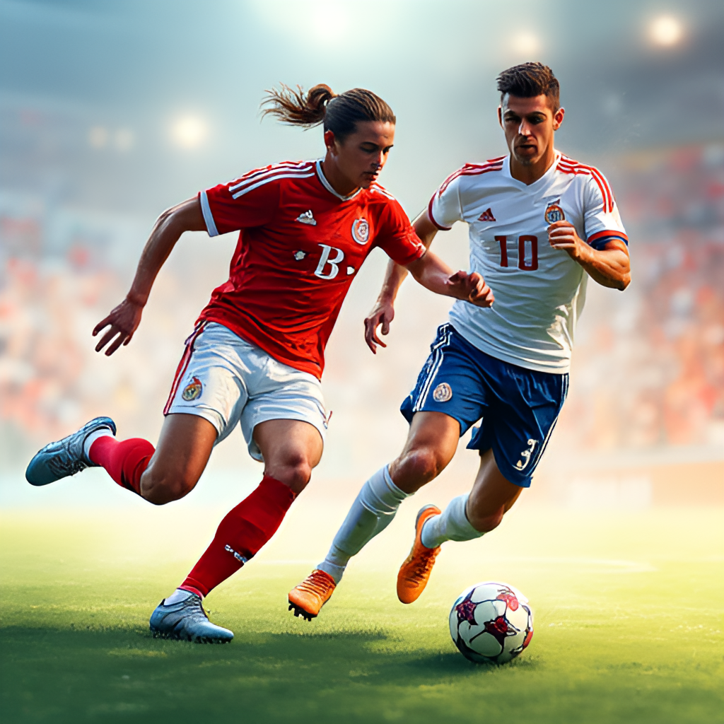 A dynamic action shot illustration showing a key player from RB Salzburg (e.g., dribbling past defenders) and a key player from Real Madrid (e.g., making a tackle or challenging for the ball) in a vibrant football match setting