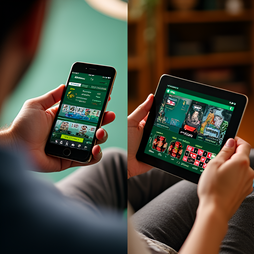 A split image showing a person comfortably using a mobile phone with the Bet 365 app open for sports betting on one side, and on the other side, a selection of popular online casino games (slots, roulette, blackjack) on a tablet, illustrating multi-device accessibility and dual offerings.