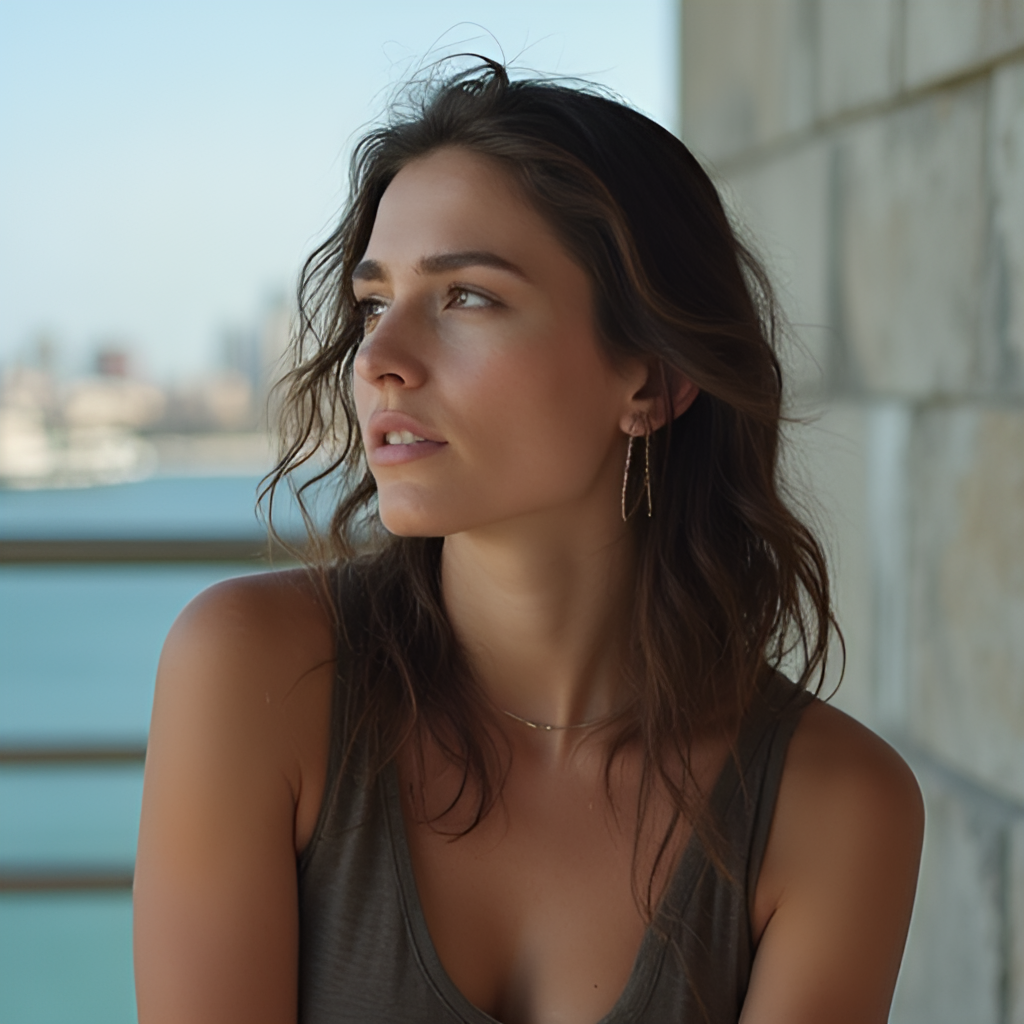 A thoughtful portrait-style image of a woman resembling Lauren Pisciotta, looking resilient or contemplative, possibly with a hint of a city skyline or a serene background, reflecting the balance between public life and personal challenges.