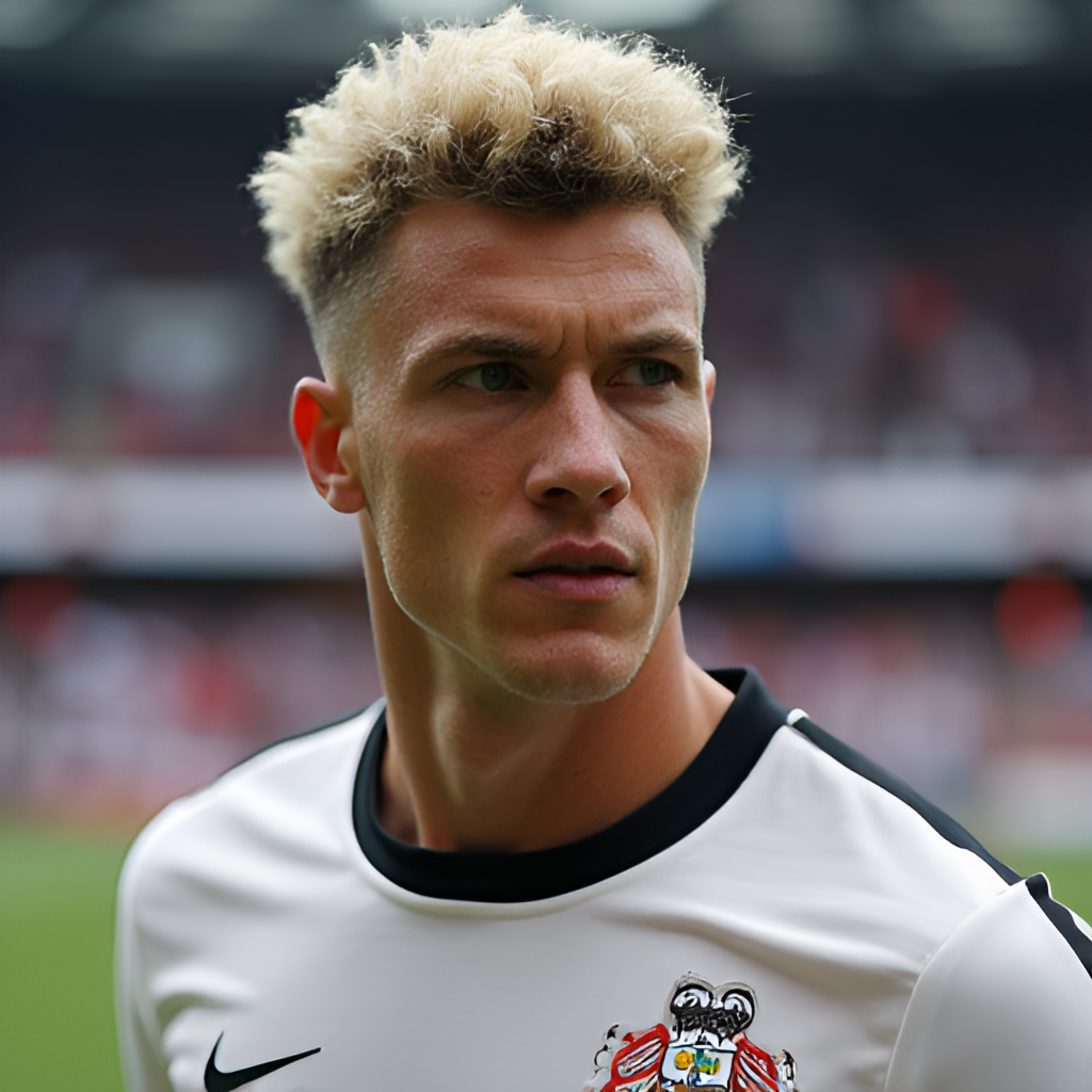 A close-up portrait of Philip Billing on the pitch, looking focused and determined, with a blurred background of a football stadium. The image should highlight his facial features and the intensity in his eyes, conveying his concentration and passion for the game. He is wearing his club's jersey.