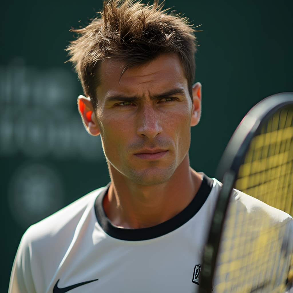 A close-up photorealistic portrait of Alexei Popyrin during a training session, sweating but determined, with tennis equipment (rackets, balls) subtly blurred in the background, conveying intensity and dedication.