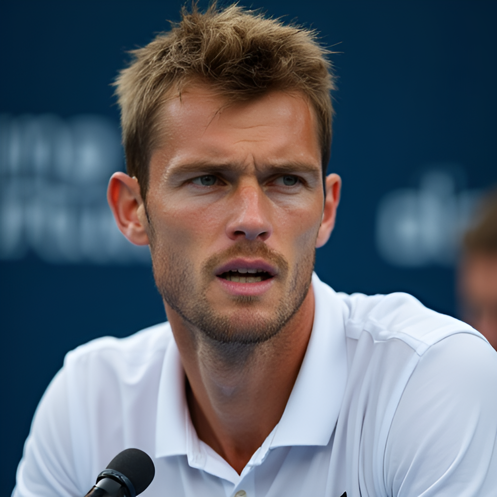 A portrait shot of Holger Rune in a professional tennis setting, possibly on the court or during a press conference, showcasing his determined expression. The image should convey professionalism and focus.