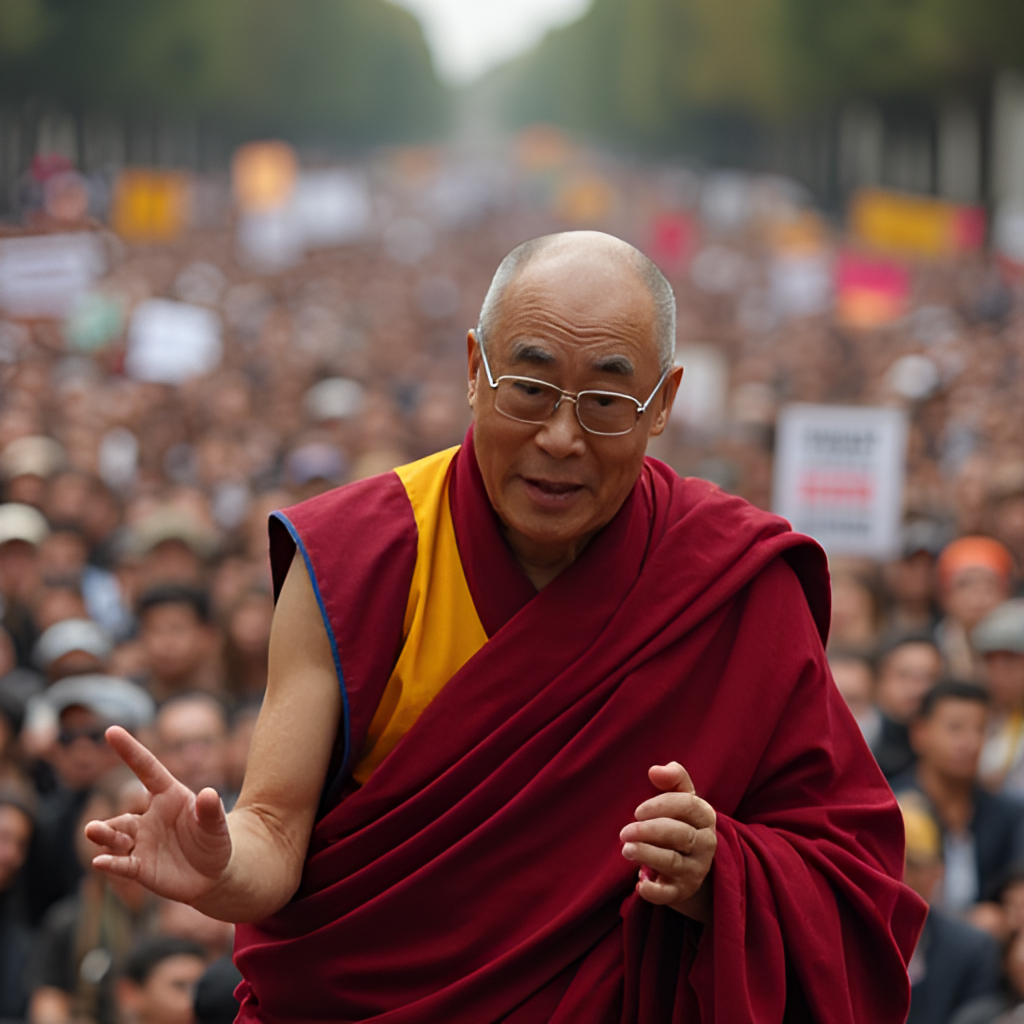 A dynamic wide shot of the Dalai Lama addressing a large, diverse crowd at an international peace conference, with banners promoting peace and understanding in the background, conveying his global influence.